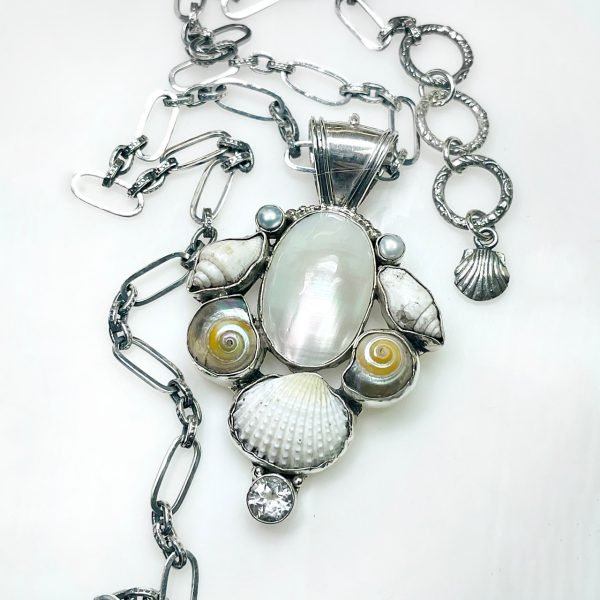 Mother of Pearl, Spiral and Fan Shell, and White Topaz Necklace