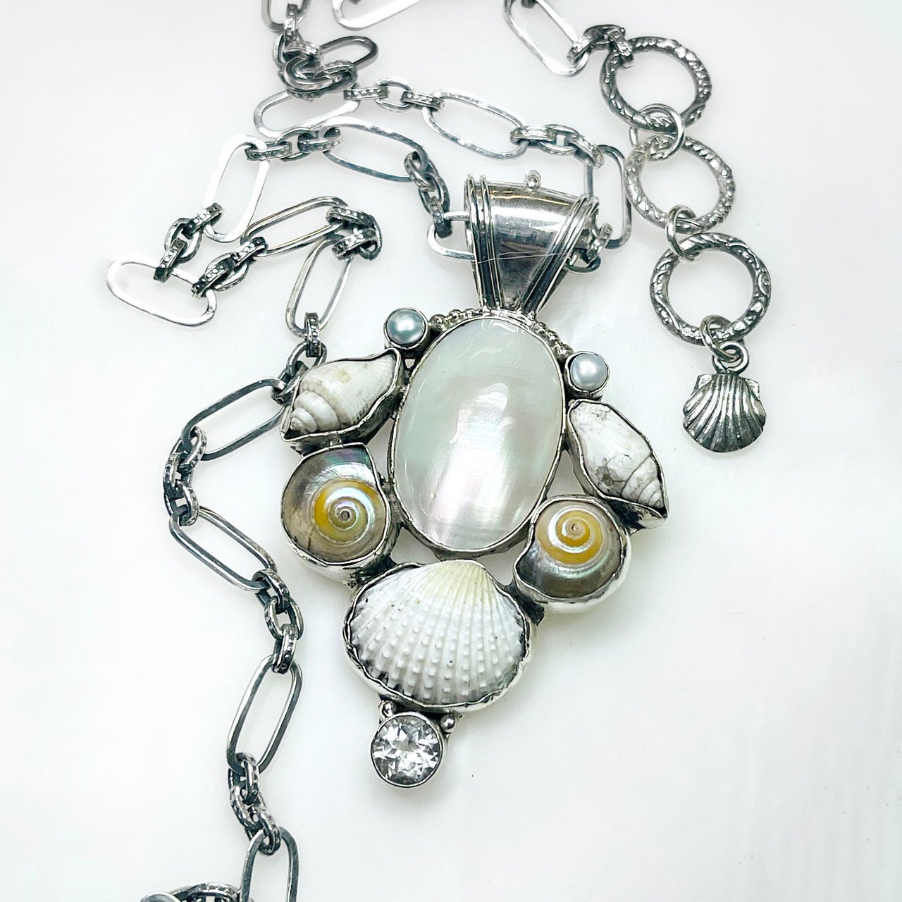 Mother of Pearl, Spiral and Fan Shell, and White Topaz Necklace