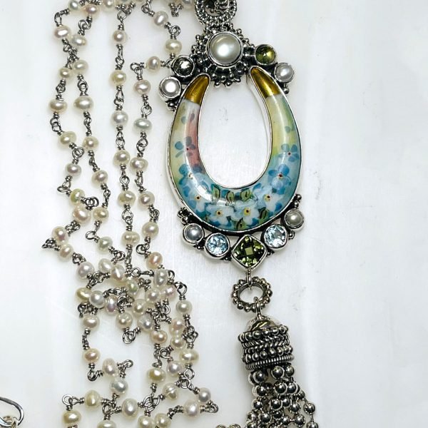 Vintage Hand-painted Porcelain, Pearl, Peridot, and Blue Topaz Necklace