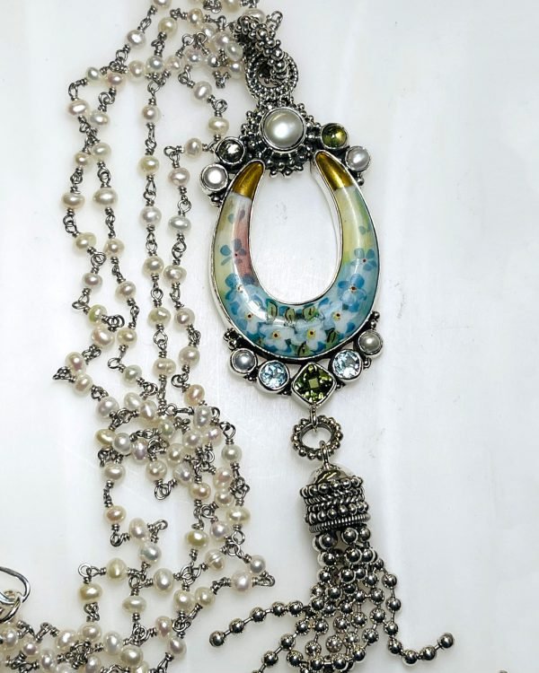 Vintage Hand-painted Porcelain, Pearl, Peridot, and Blue Topaz Necklace